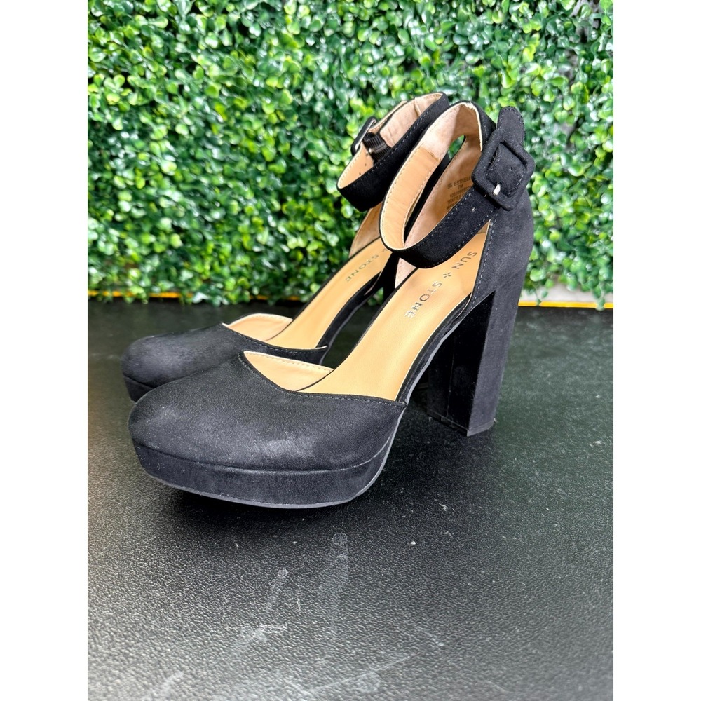 Sun + Stone Estrella Dress Sandals Women 7 Black Faux Suede Platform Ankle Strap